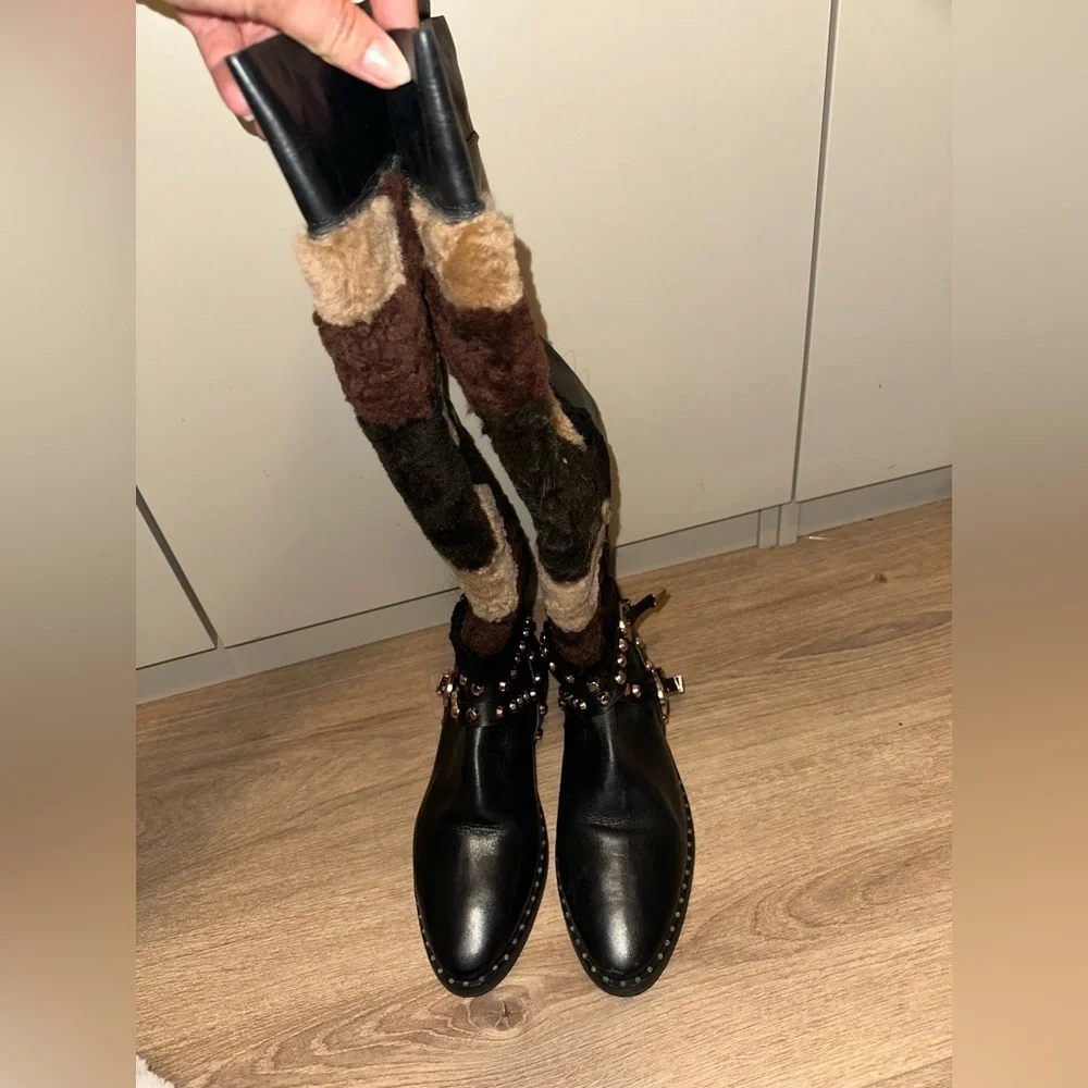 Ivy Kirzhner HUSKY Tall Boots Leather Fur Trimmed Studs Hidden Wedge Size 8B